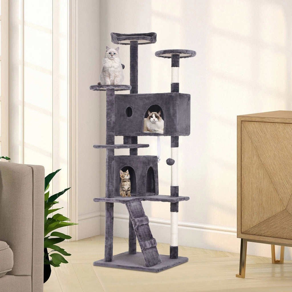 70 Inch Light Gray Cat Tree with 2 Condos, 3 Scratching Posts G30006