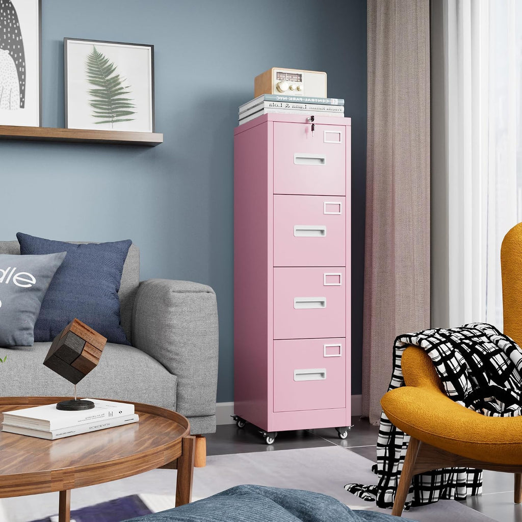 Pink 4-Drawer Metal File Cabinet with Lock and Wheels P86453