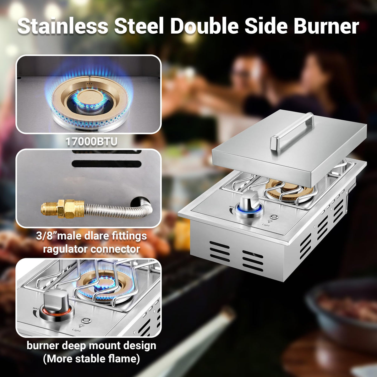 17500BTU Liquid Propane Side Burner 304 Stainless Steel U15965