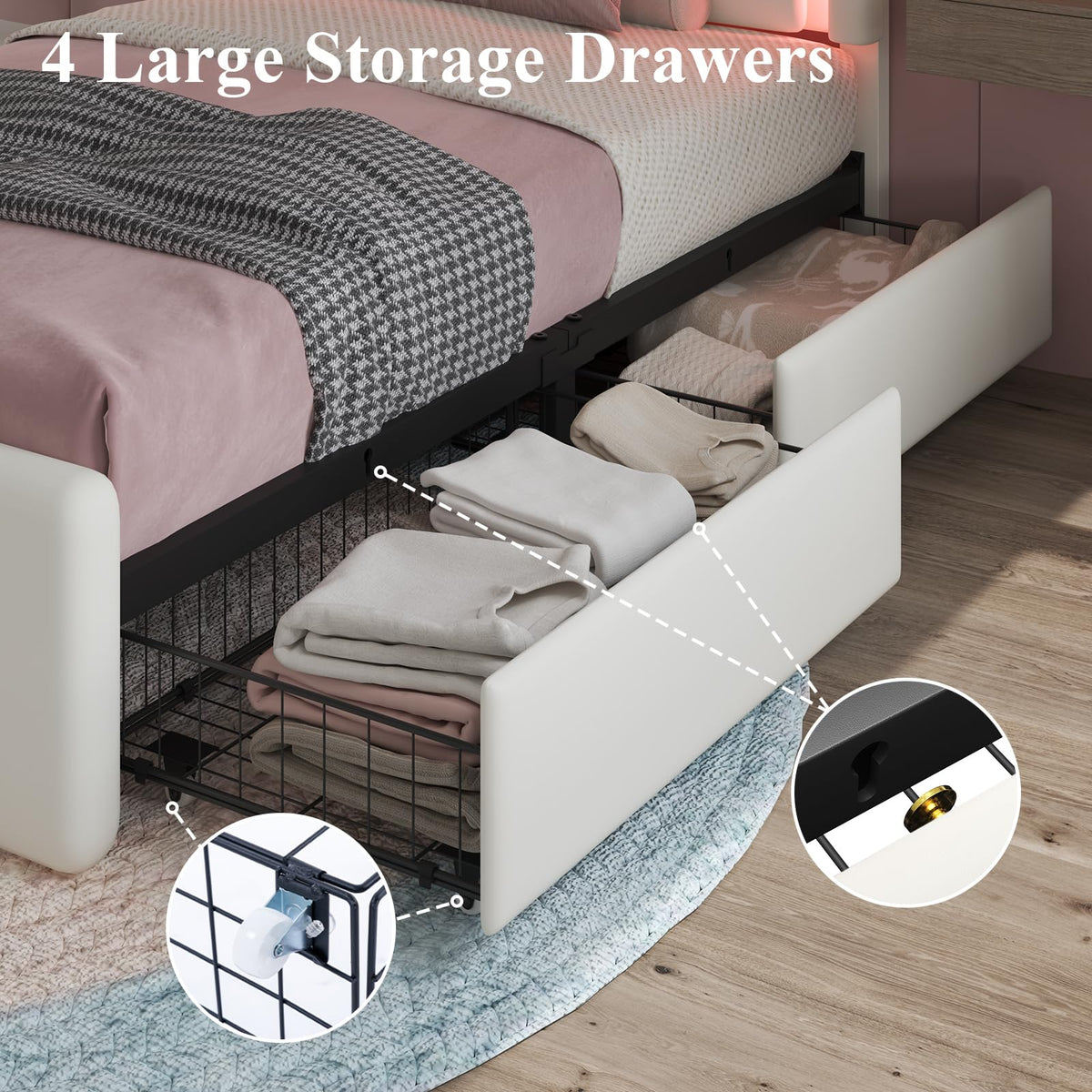 White Twin Size Bed Frame with 4 Storage Drawers H2398