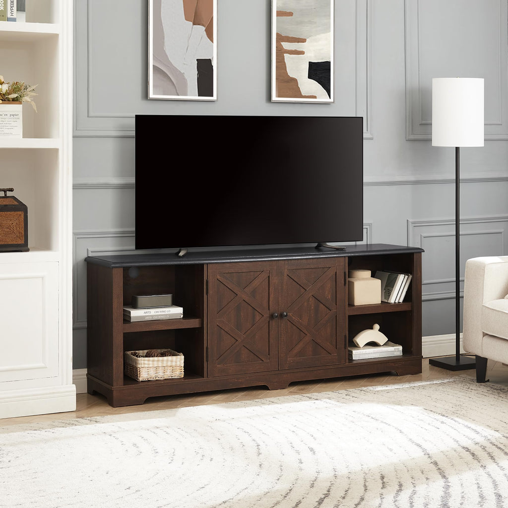 Espresso and Black TV Media Stand with Open Shelves and Closed Cabinets E556601