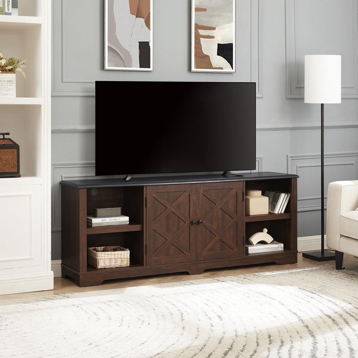 Espresso and Black TV Media Stand with Open Shelves and Closed Cabinets E556601
