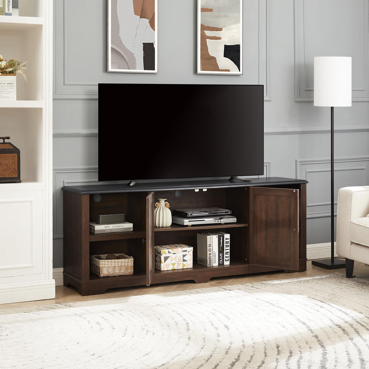 Espresso and Black TV Media Stand with Open Shelves and Closed Cabinets E556601