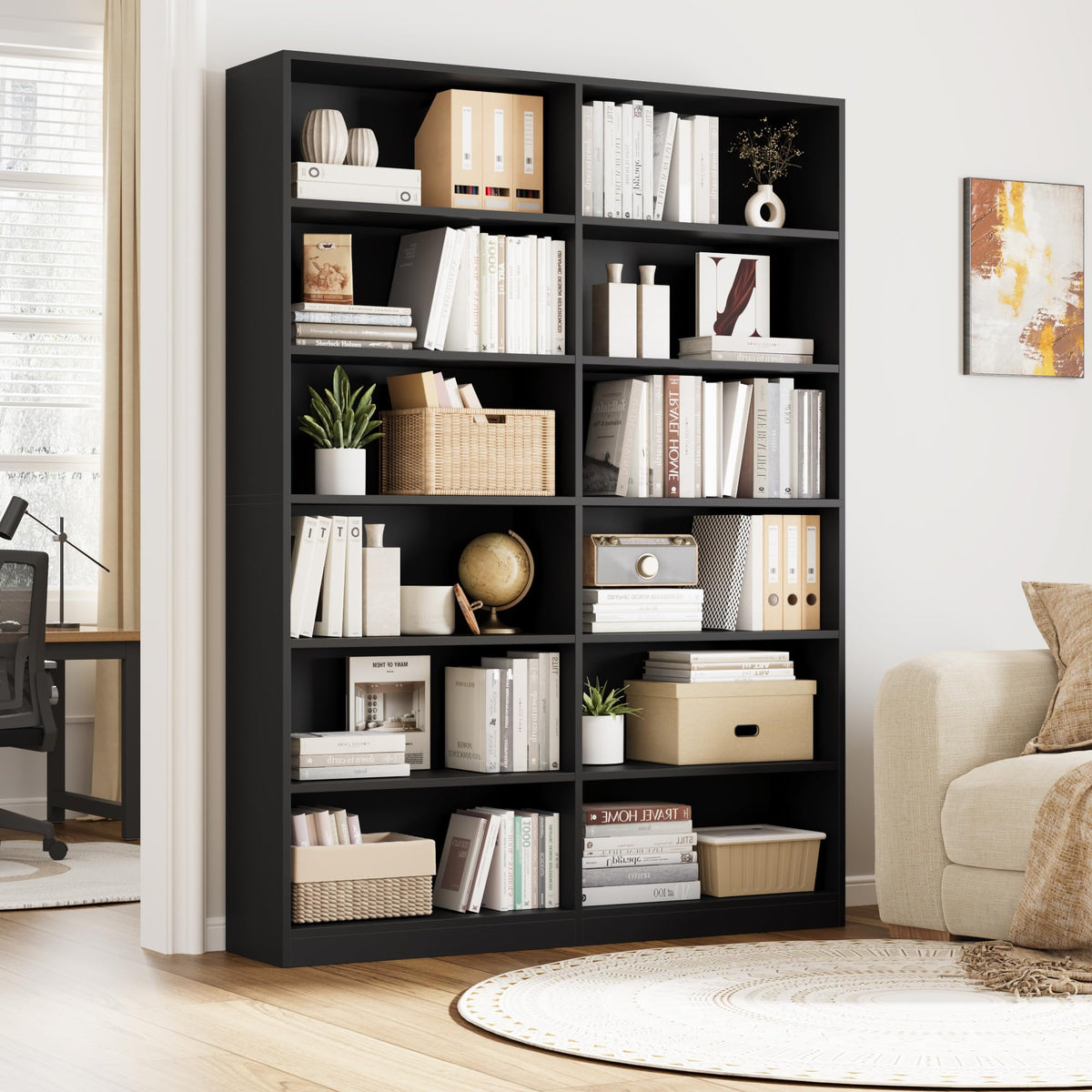Black 6-Tier Double Wide Bookshelf S5866