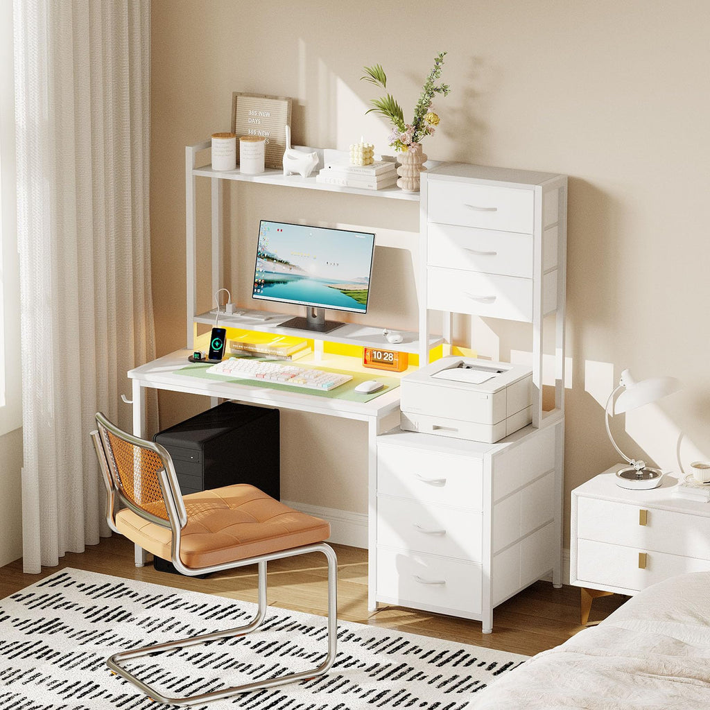 47 Inch White Computer Gaming Desk with Hutch and 6 Fabric Drawers U551567