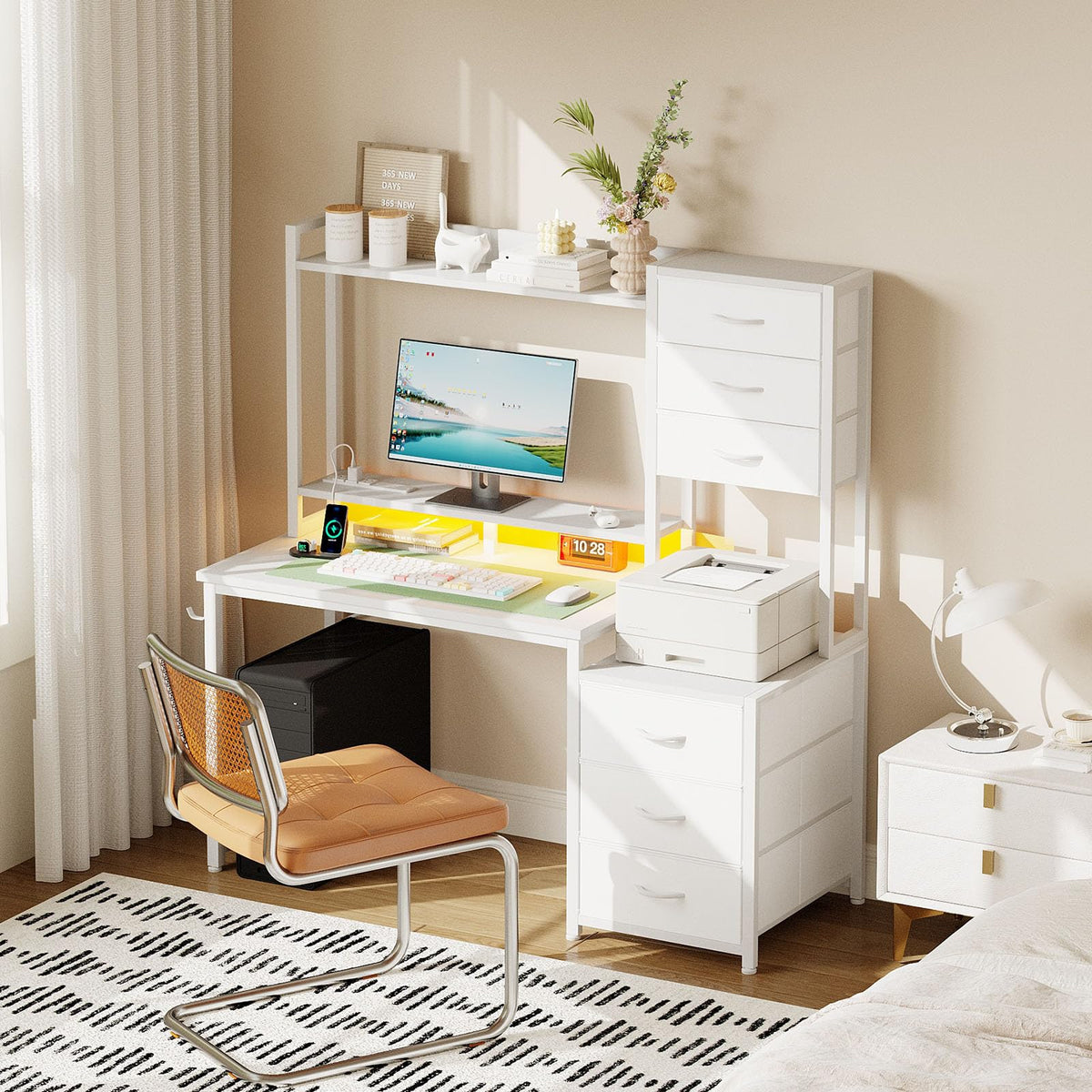 47 Inch White Computer Gaming Desk with Hutch and 6 Fabric Drawers U551567