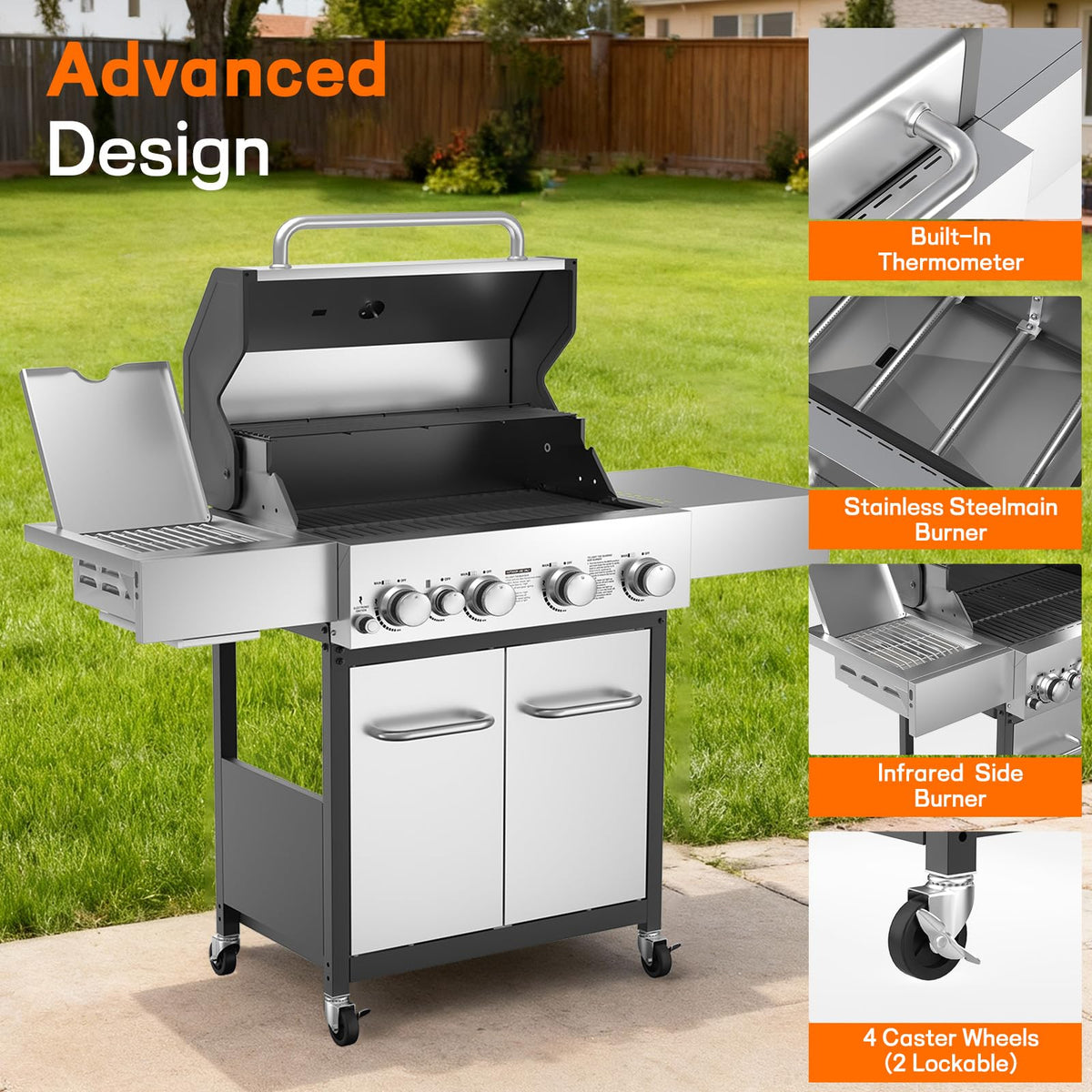 4 Burner Gas Grill with Infrared Side Burner X740