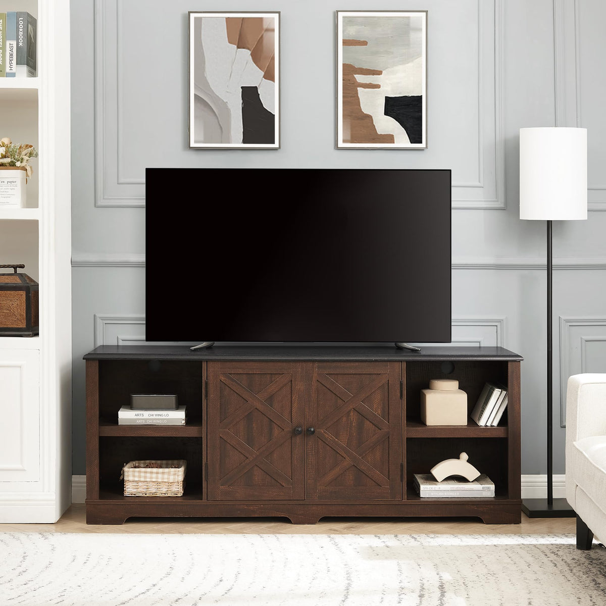 Espresso and Black TV Media Stand with Open Shelves and Closed Cabinets E556601