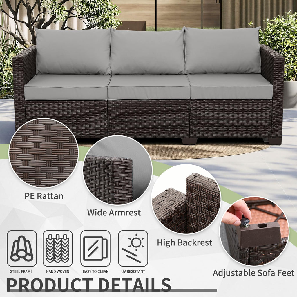 Brown Wicker 3-Seat Outdoor Sofa with Grey Cushion P4126