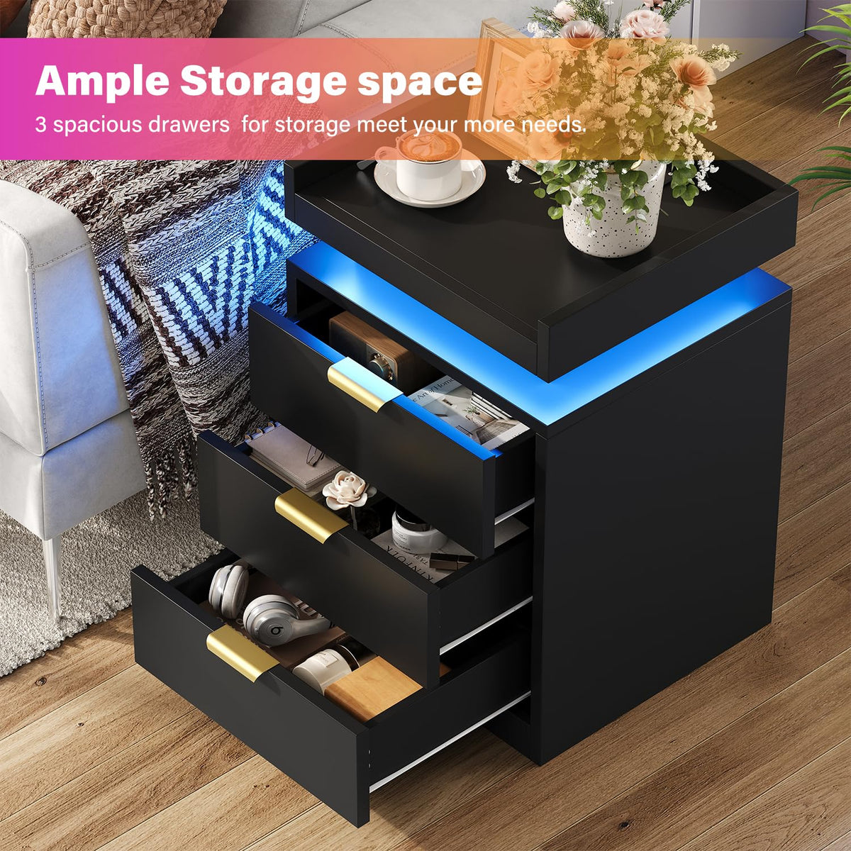 Black 3 Drawer LED Nightstand with Charging Station U20593