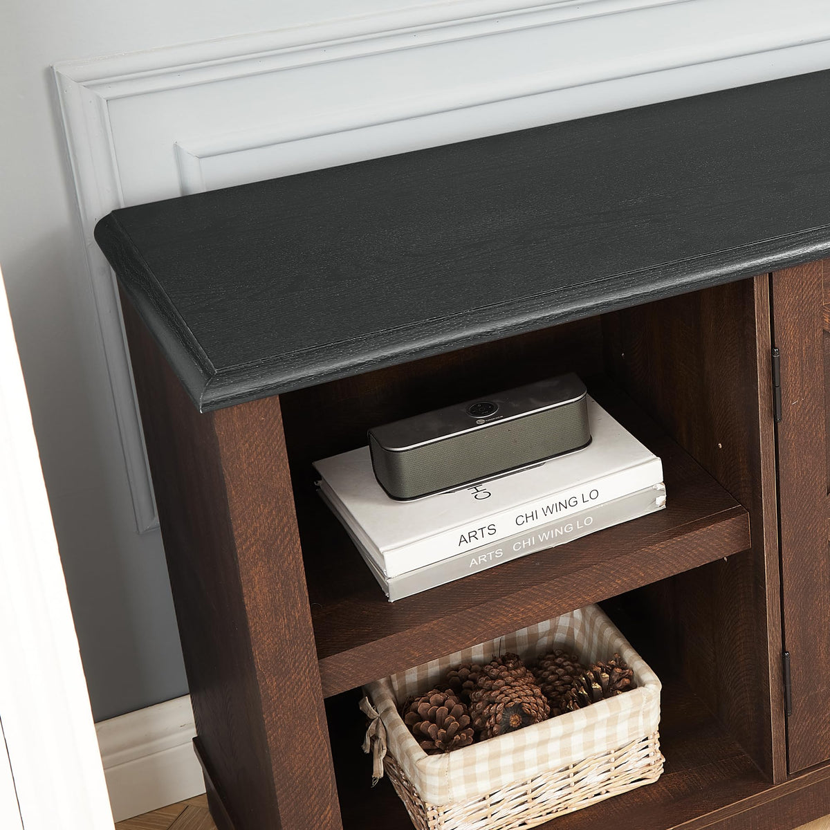 Espresso and Black TV Media Stand with Open Shelves and Closed Cabinets E556601