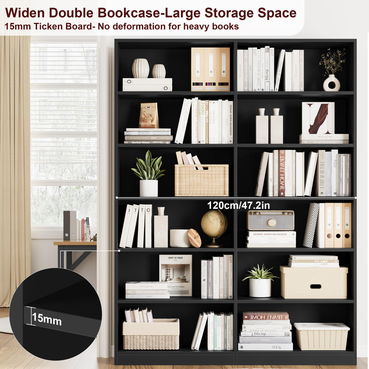 Black 6-Tier Double Wide Bookshelf S5866