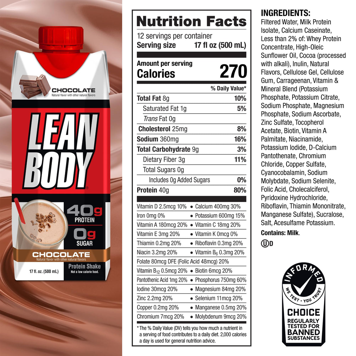 Chocolate Protein Shake, 40g Protein, 0 Sugar, 17 Fl Oz (Pack of 12) F380351