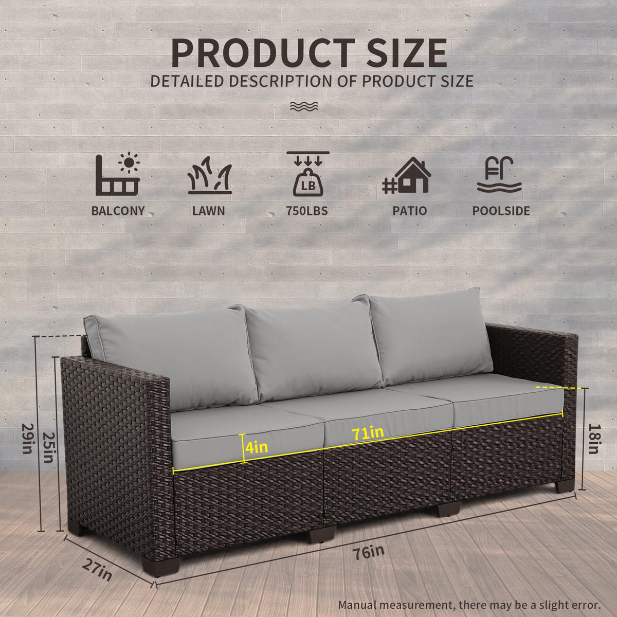 Brown Wicker 3-Seat Outdoor Sofa with Grey Cushion P4126
