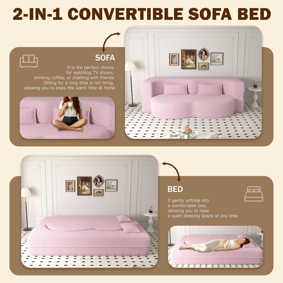 78" Full Size Pink Folding Sofa Bed K847565
