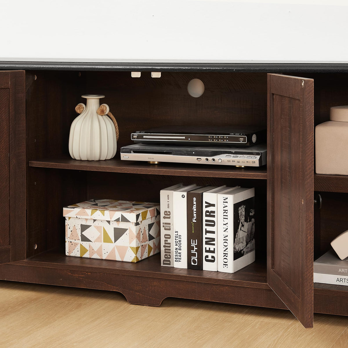 Espresso and Black TV Media Stand with Open Shelves and Closed Cabinets E556601