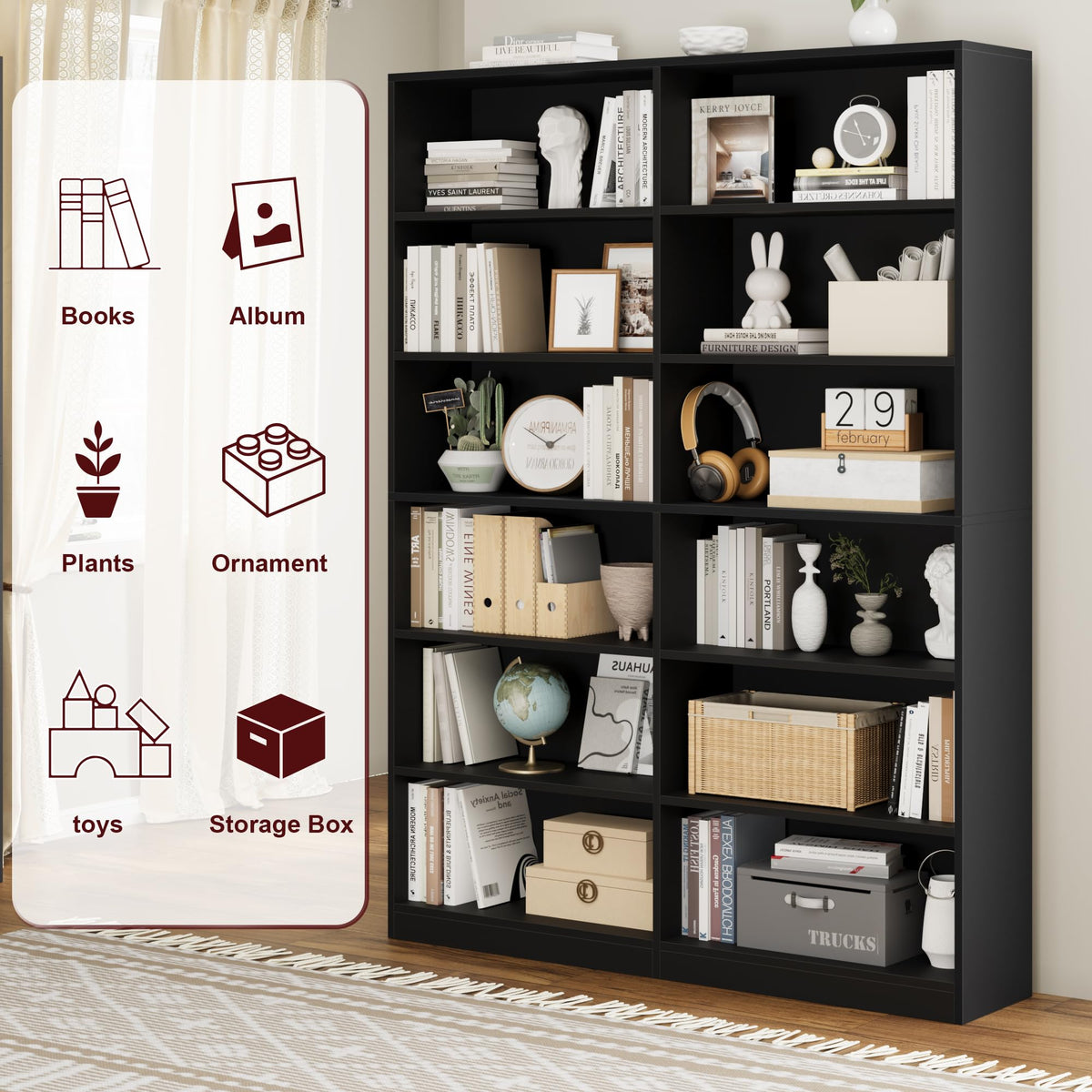 Black 6-Tier Double Wide Bookshelf S5866