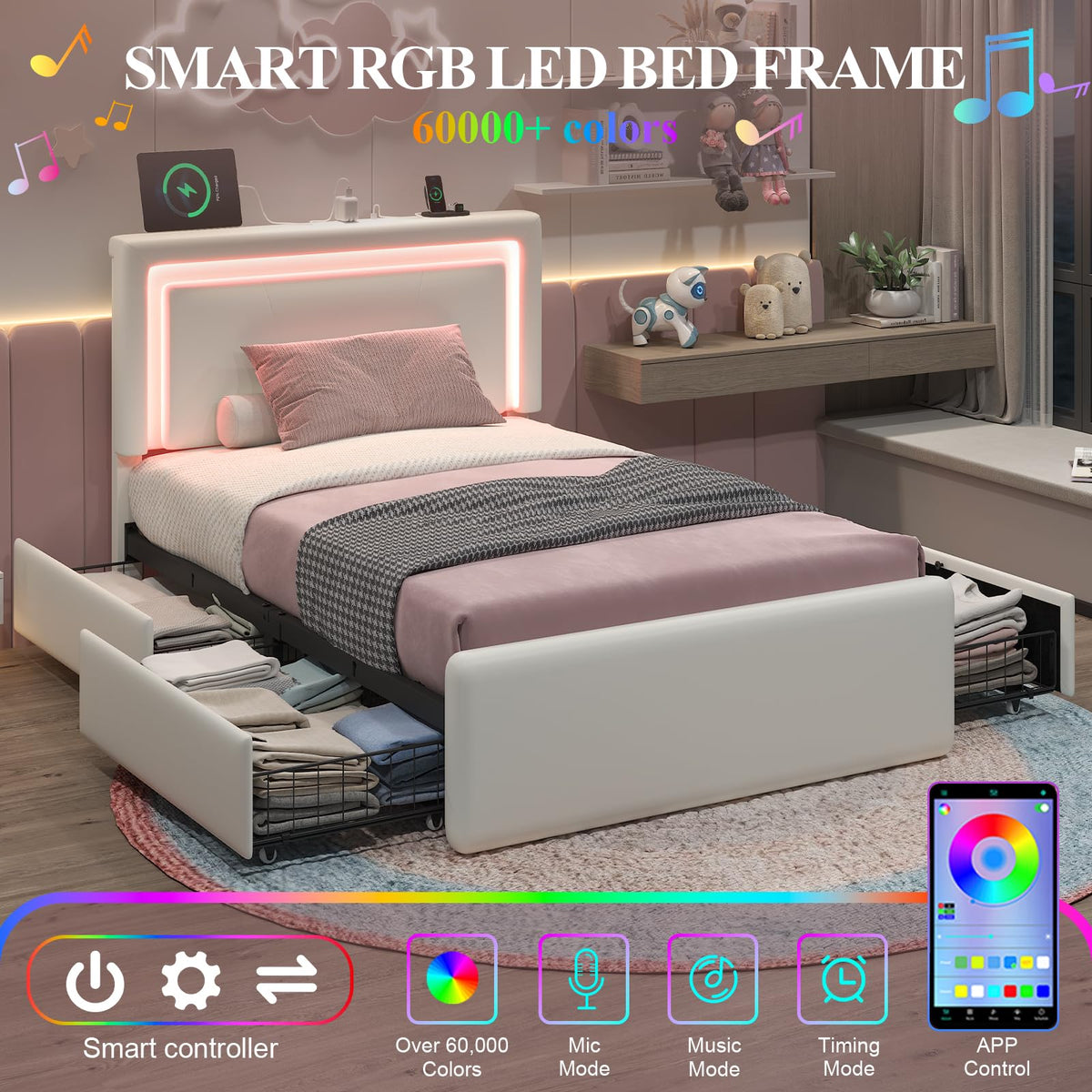 White Twin Size Bed Frame with 4 Storage Drawers H2398