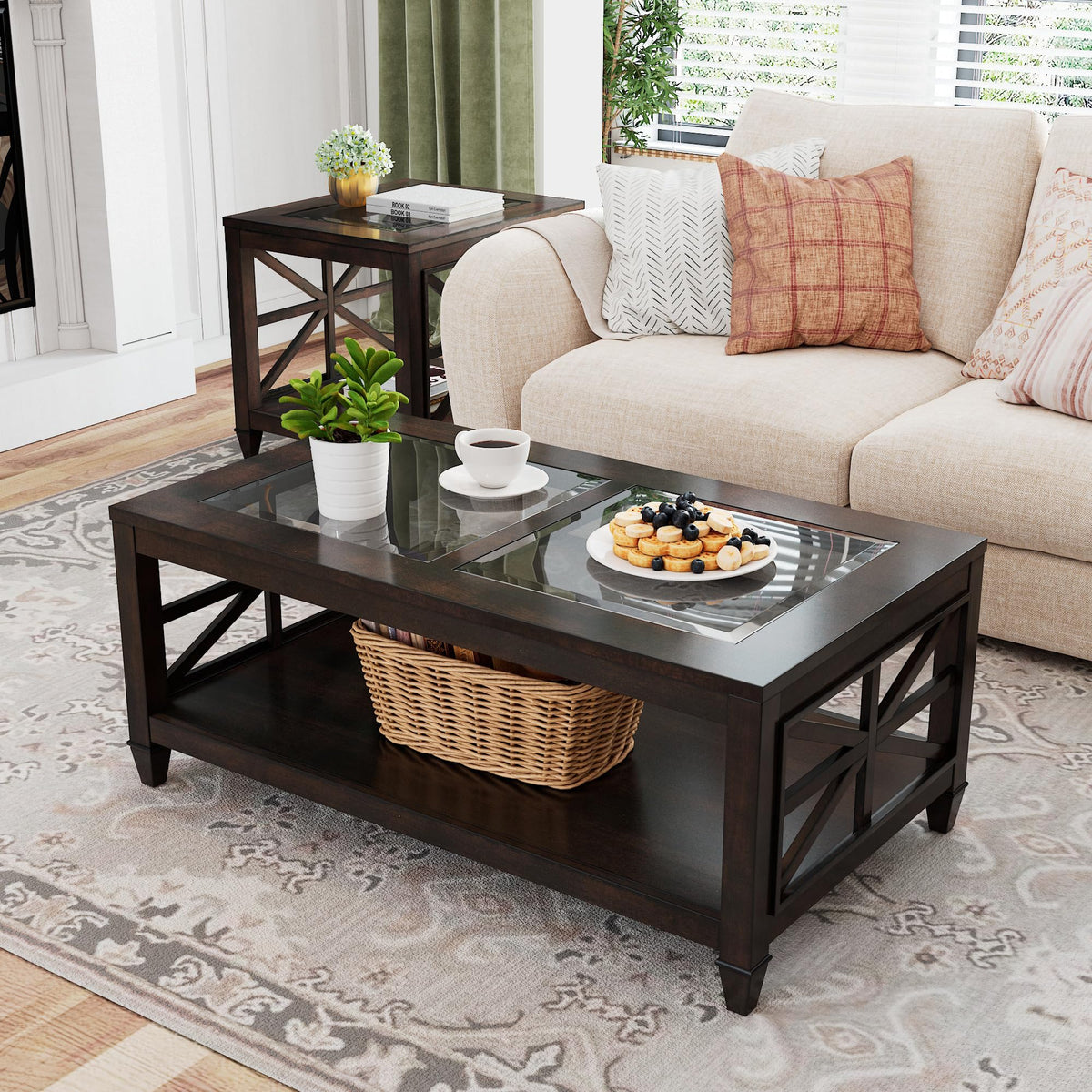 45.5"W Solid Wood Glass Coffee Table E2803