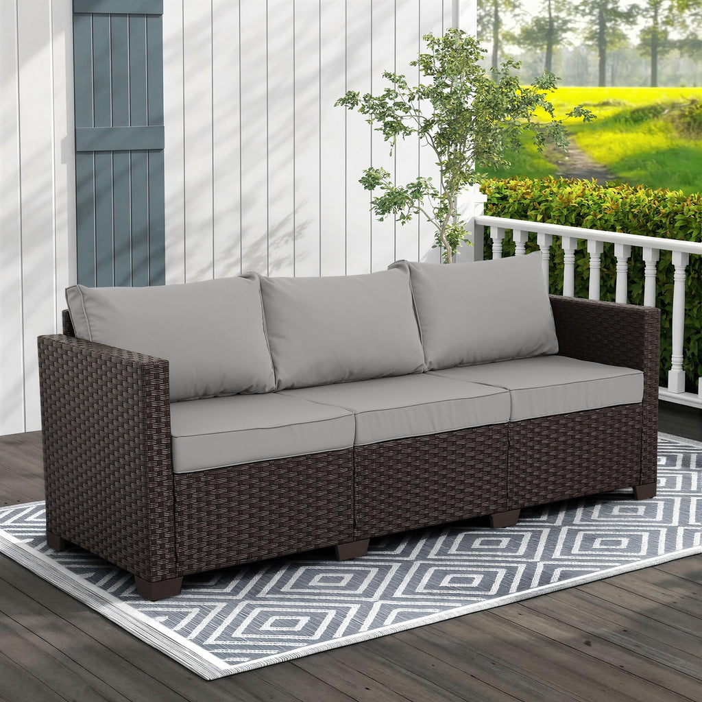 Brown Wicker 3-Seat Outdoor Sofa with Grey Cushion P4126